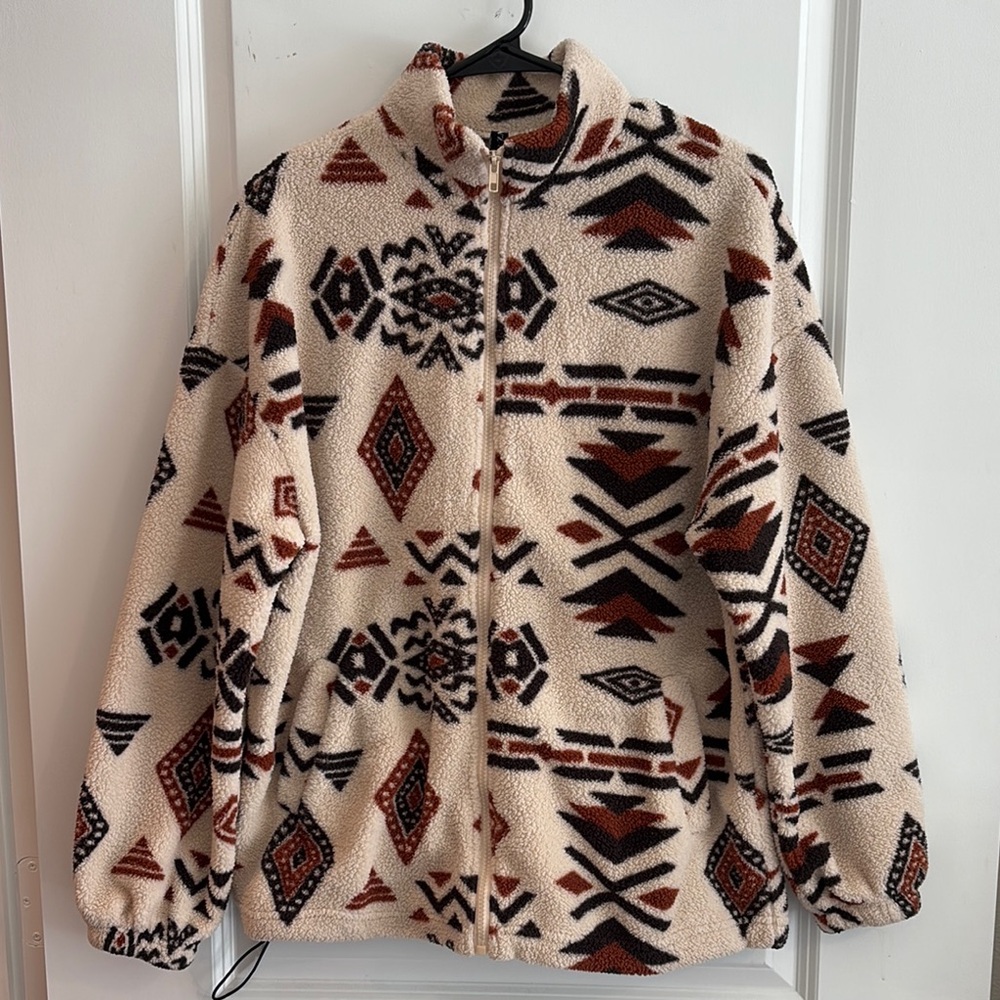 Tribal Pattern Fleece Zip Jacket - Women's M